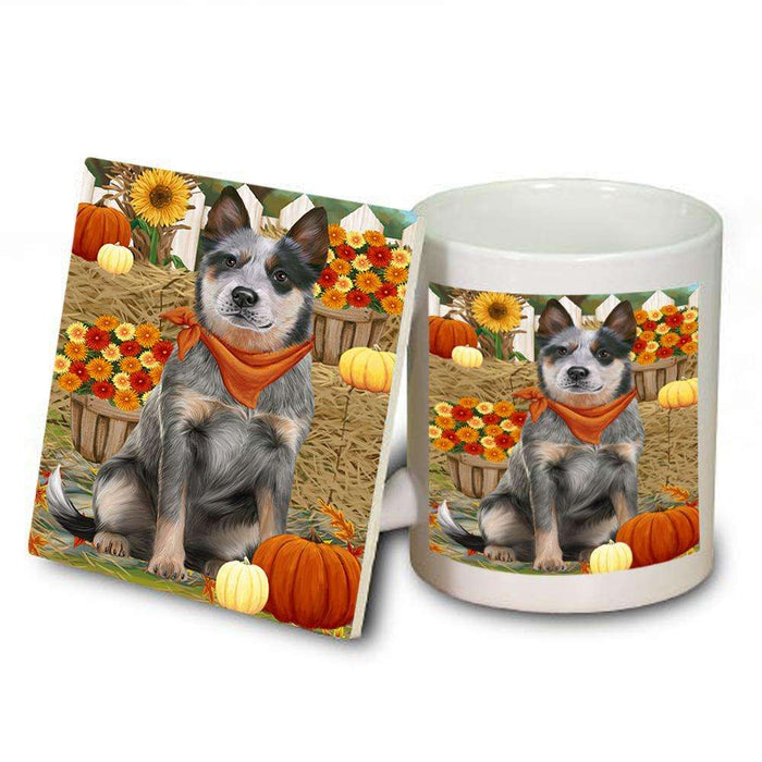 Fall Autumn Greeting Blue Heeler Dog with Pumpkins Mug and Coaster Set MUC52304