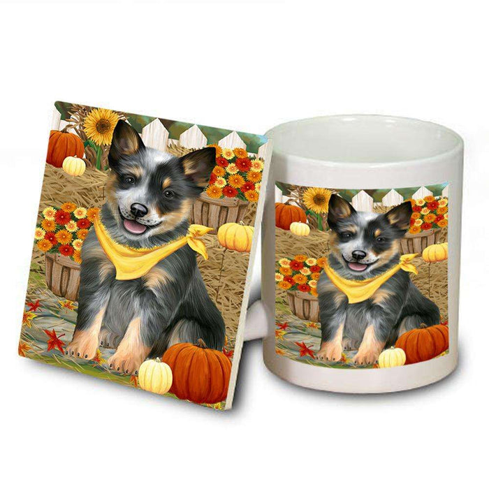 Fall Autumn Greeting Blue Heeler Dog with Pumpkins Mug and Coaster Set MUC52305