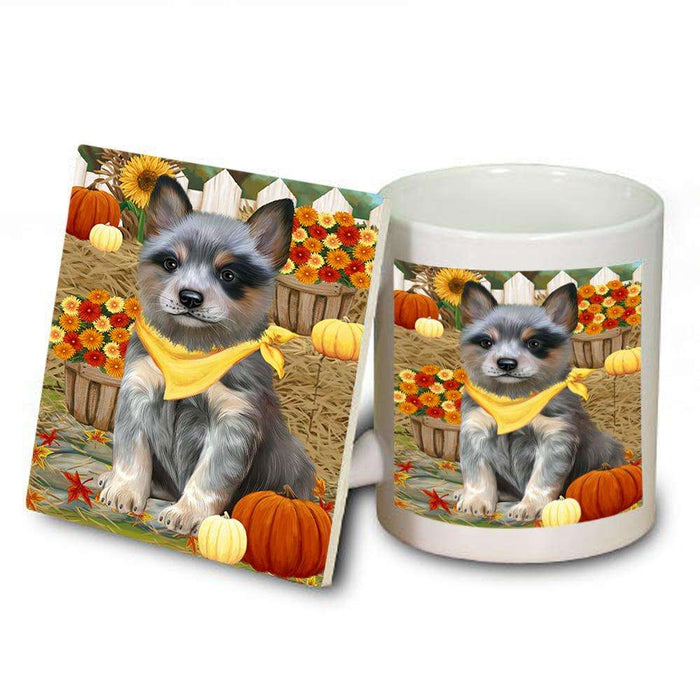 Fall Autumn Greeting Blue Heeler Dog with Pumpkins Mug and Coaster Set MUC52307