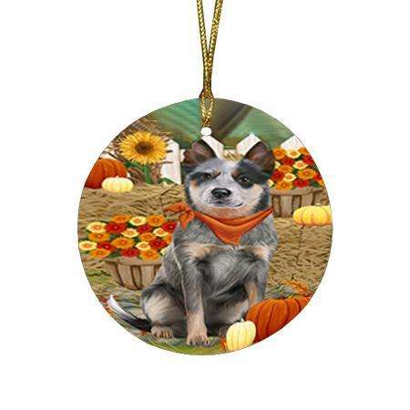 Fall Autumn Greeting Blue Heeler Dog with Pumpkins Round Flat Christmas Ornament RFPOR52303