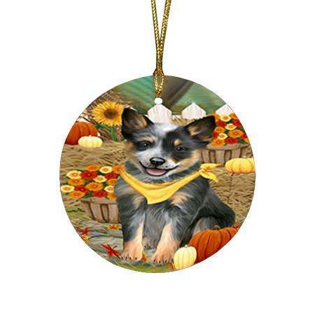 Fall Autumn Greeting Blue Heeler Dog with Pumpkins Round Flat Christmas Ornament RFPOR52304