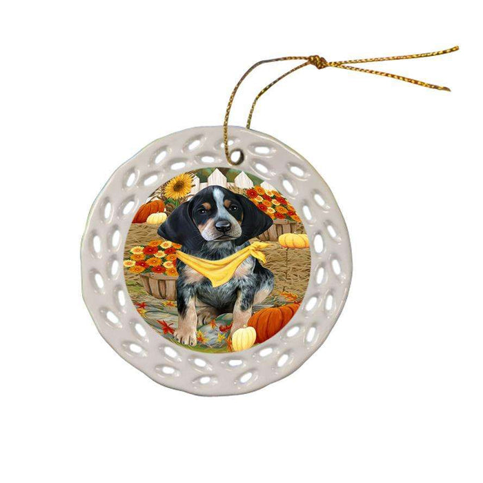 Fall Autumn Greeting Bluetick Coonhound Dog with Pumpkins Ceramic Doily Ornament DPOR50678