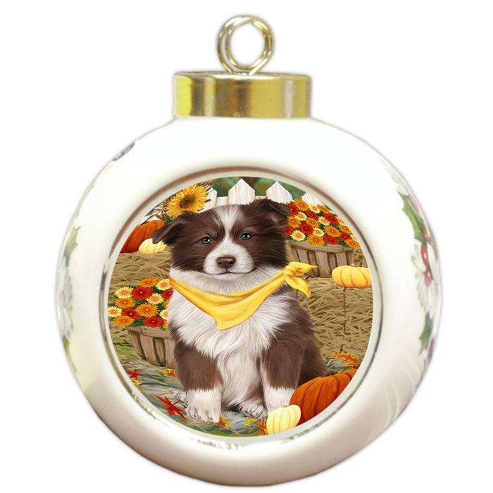 Fall Autumn Greeting Border Collie Dog with Pumpkins Round Ball Christmas Ornament RBPOR50680