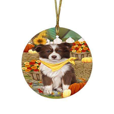 Fall Autumn Greeting Border Collie Dog with Pumpkins Round Flat Christmas Ornament RFPOR50671