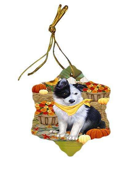 Fall Autumn Greeting Border Collie Dog with Pumpkins Star Porcelain Ornament SPOR50675