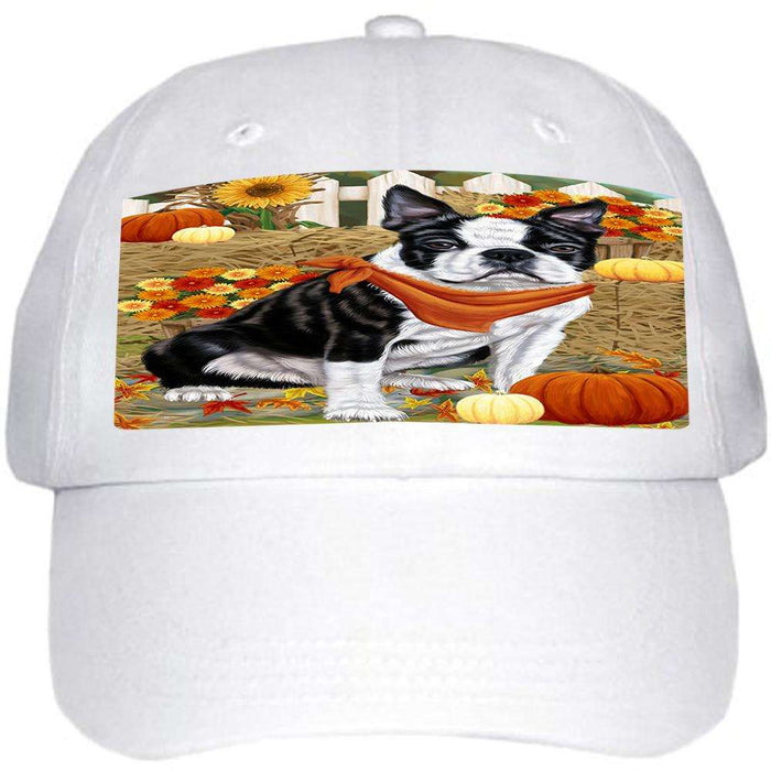 Fall Autumn Greeting Boston Terrier Dog with Pumpkins Ball Hat Cap HAT55821
