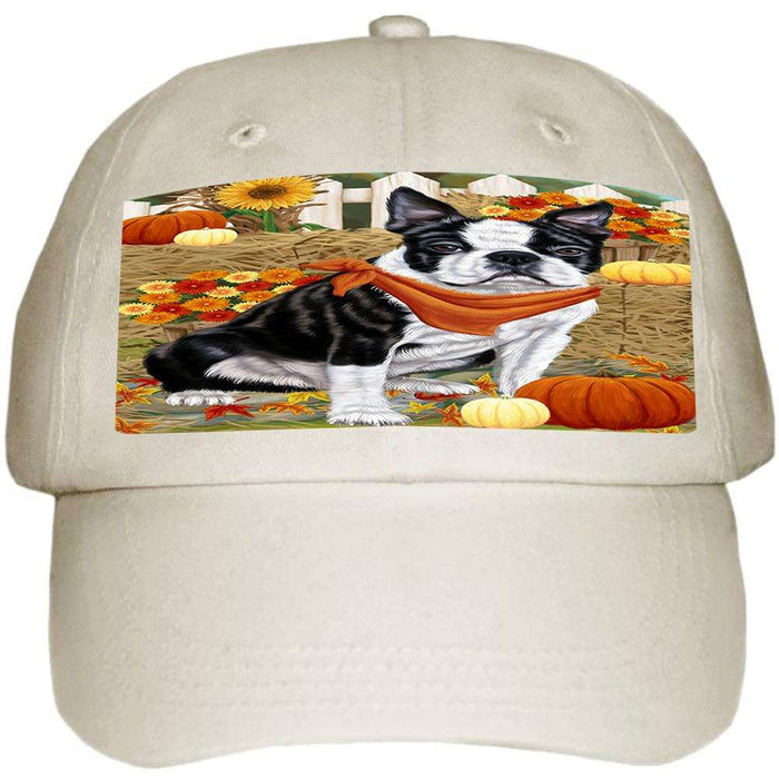 Fall Autumn Greeting Boston Terrier Dog with Pumpkins Ball Hat Cap HAT55821