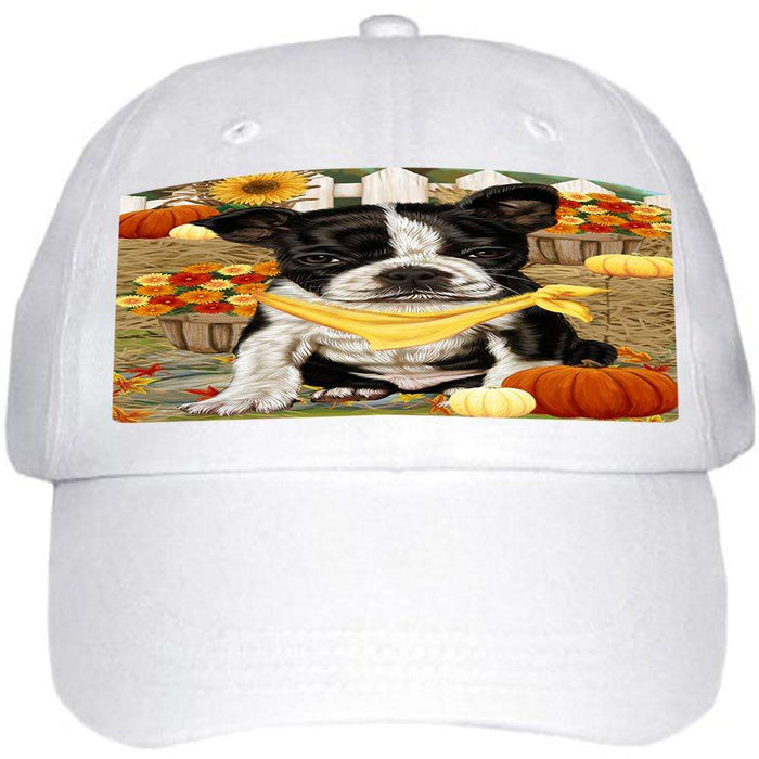 Fall Autumn Greeting Boston Terrier Dog with Pumpkins Ball Hat Cap HAT55824