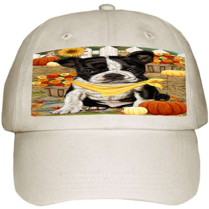Fall Autumn Greeting Boston Terrier Dog with Pumpkins Ball Hat Cap HAT55824