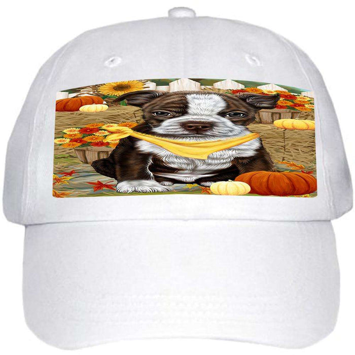 Fall Autumn Greeting Boston Terrier Dog with Pumpkins Ball Hat Cap HAT55827