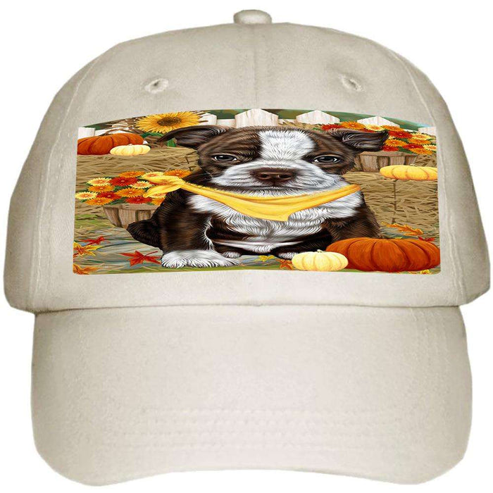 Fall Autumn Greeting Boston Terrier Dog with Pumpkins Ball Hat Cap HAT55827