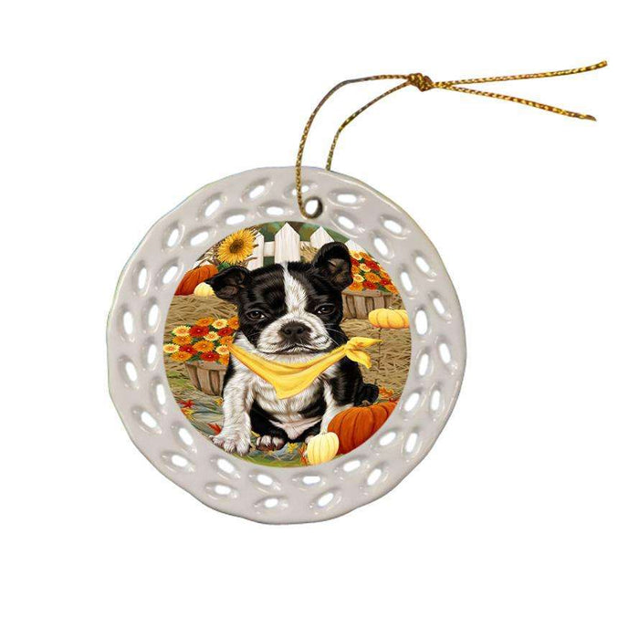 Fall Autumn Greeting Boston Terrier Dog with Pumpkins Ceramic Doily Ornament DPOR50685