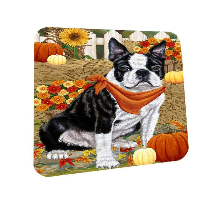 Fall Autumn Greeting Boston Terrier Dog with Pumpkins Coasters Set of 4 CST50643