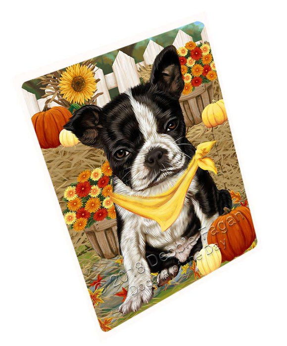 Fall Autumn Greeting Boston Terrier Dog with Pumpkins Cutting Board C56115