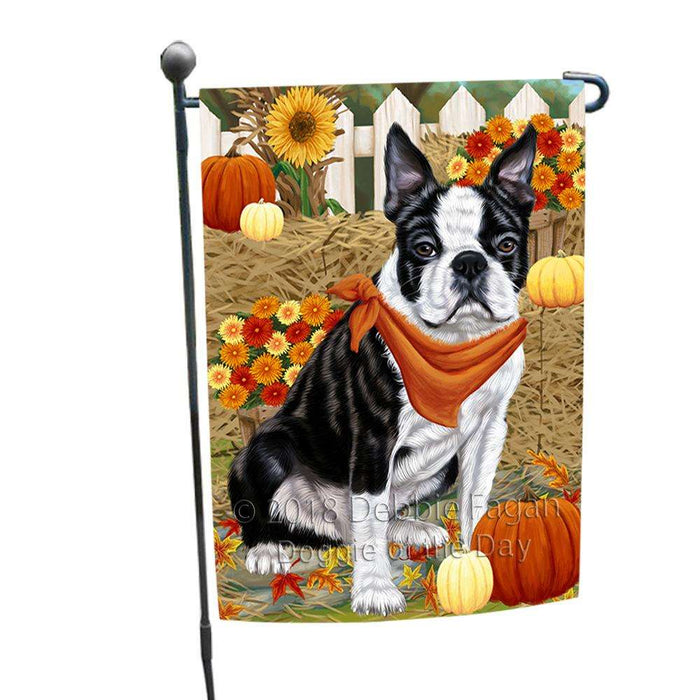 Fall Autumn Greeting Boston Terrier Dog with Pumpkins Garden Flag GFLG0577