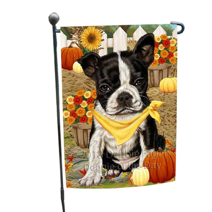 Fall Autumn Greeting Boston Terrier Dog with Pumpkins Garden Flag GFLG0578