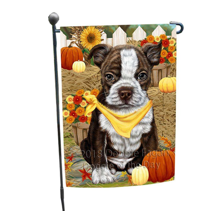 Fall Autumn Greeting Boston Terrier Dog with Pumpkins Garden Flag GFLG0579
