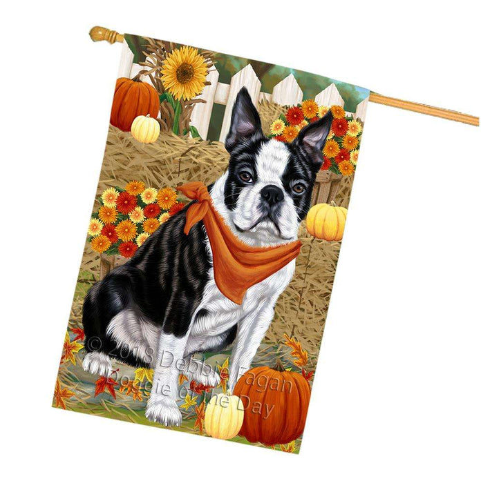 Fall Autumn Greeting Boston Terrier Dog with Pumpkins House Flag FLG50713