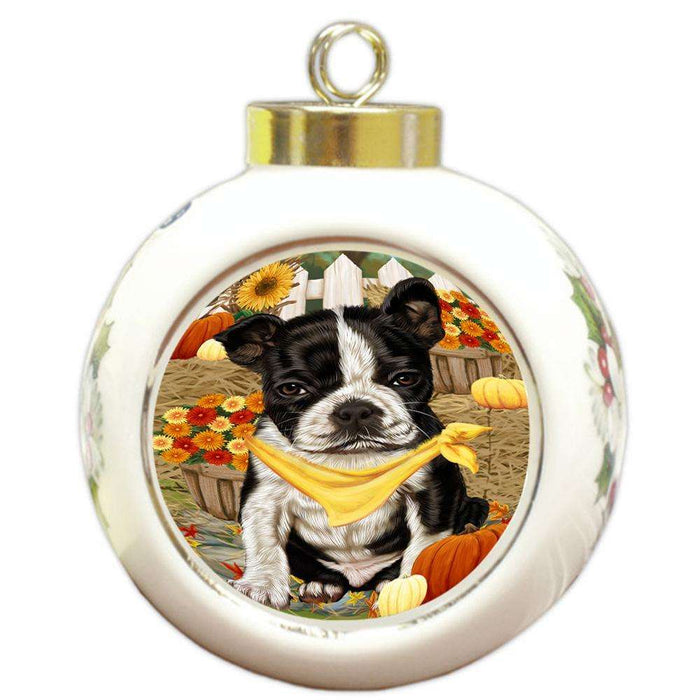 Fall Autumn Greeting Boston Terrier Dog with Pumpkins Round Ball Christmas Ornament RBPOR50685