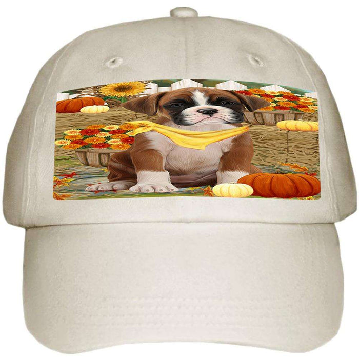 Fall Autumn Greeting Boxer Dog with Pumpkins Ball Hat Cap HAT55833