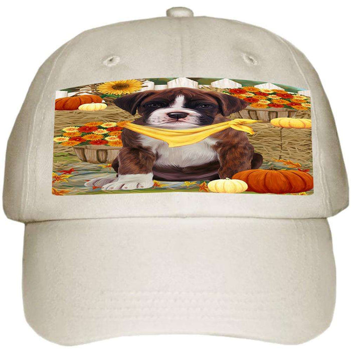 Fall Autumn Greeting Boxer Dog with Pumpkins Ball Hat Cap HAT55836