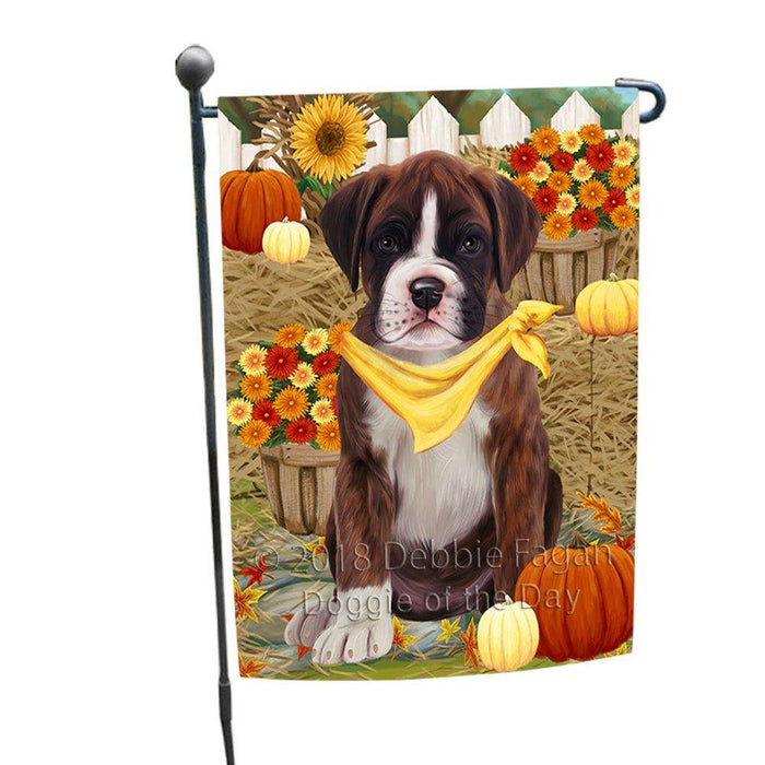 Fall Autumn Greeting Boxer Dog with Pumpkins Garden Flag GFLG0582
