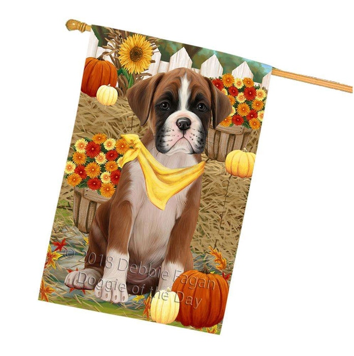 Fall Autumn Greeting Boxer Dog with Pumpkins House Flag FLG50717