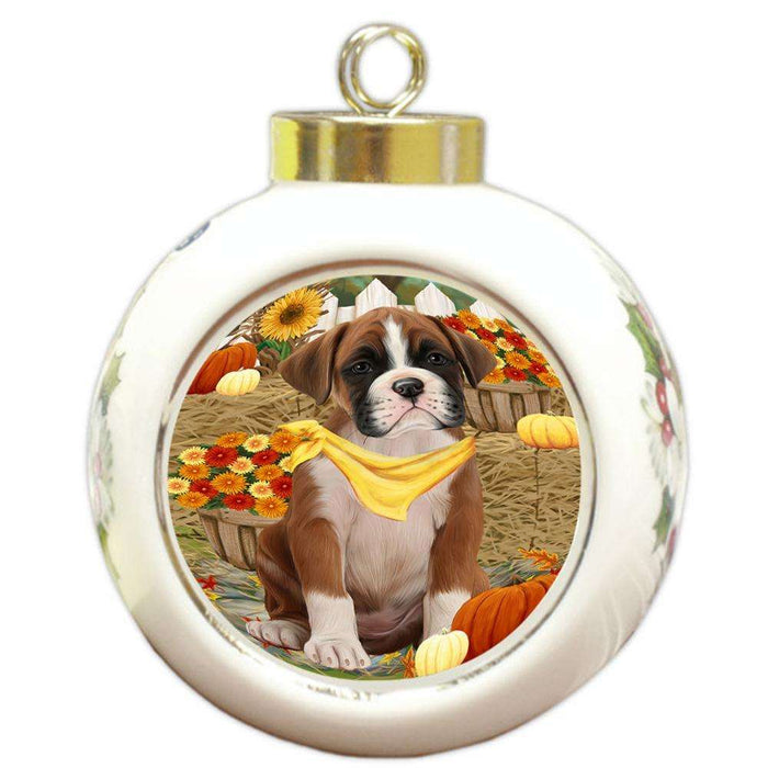 Fall Autumn Greeting Boxer Dog with Pumpkins Round Ball Christmas Ornament RBPOR50688