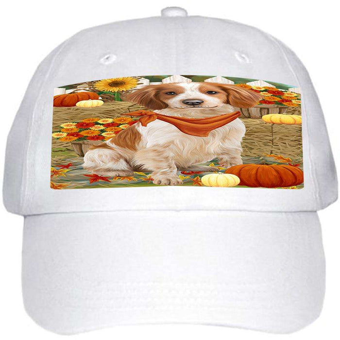 Fall Autumn Greeting Brittany Spaniel Dog with Pumpkins Ball Hat Cap HAT55839