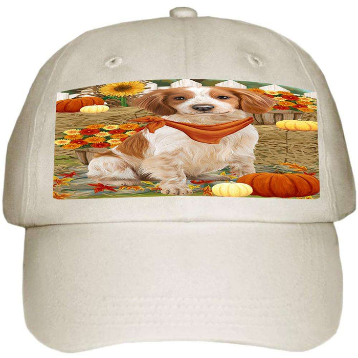 Fall Autumn Greeting Brittany Spaniel Dog with Pumpkins Ball Hat Cap HAT55839