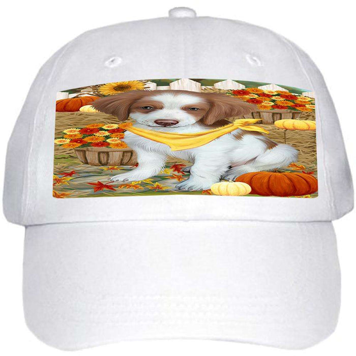Fall Autumn Greeting Brittany Spaniel Dog with Pumpkins Ball Hat Cap HAT55842