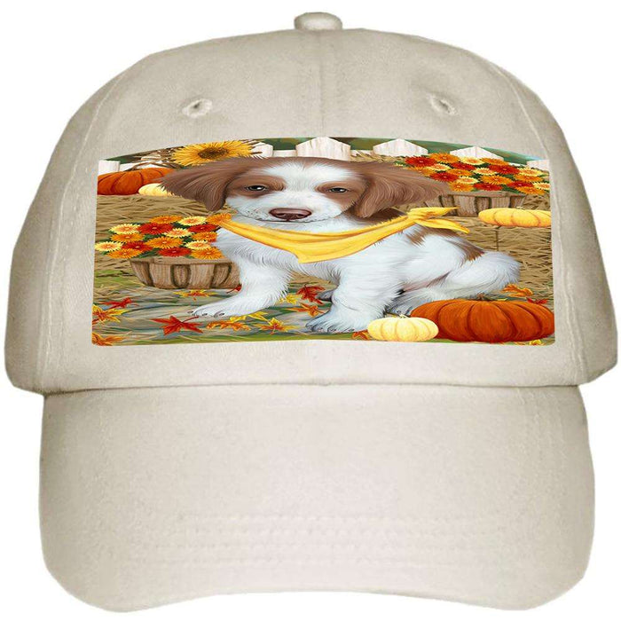 Fall Autumn Greeting Brittany Spaniel Dog with Pumpkins Ball Hat Cap HAT55842