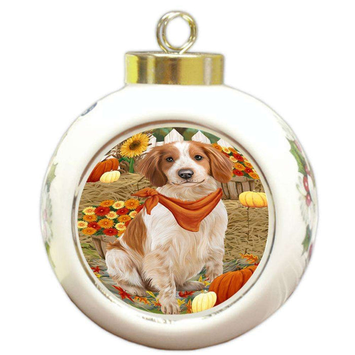 Fall Autumn Greeting Brittany Spaniel Dog with Pumpkins Round Ball Christmas Ornament RBPOR50690
