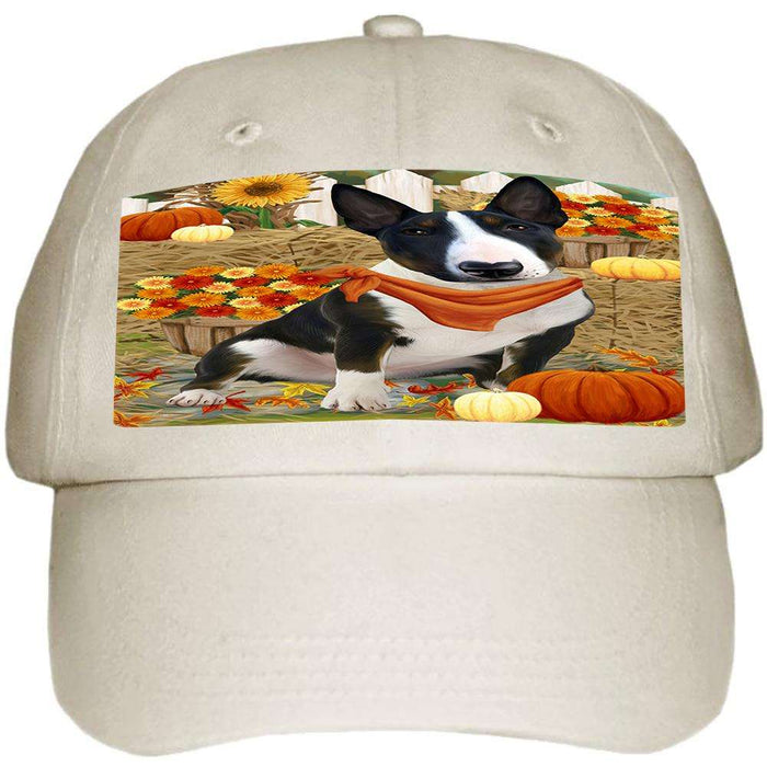 Fall Autumn Greeting Bull Terrier Dog with Pumpkins Ball Hat Cap HAT55845