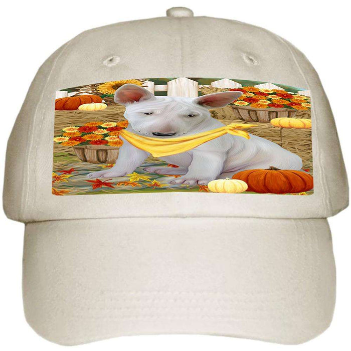 Fall Autumn Greeting Bull Terrier Dog with Pumpkins Ball Hat Cap HAT55851