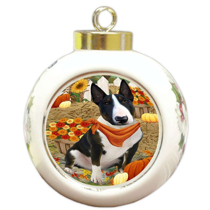 Fall Autumn Greeting Bull Terrier Dog with Pumpkins Round Ball Christmas Ornament RBPOR50692
