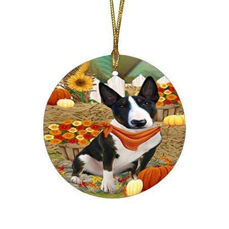 Fall Autumn Greeting Bull Terrier Dog with Pumpkins Round Flat Christmas Ornament RFPOR50683