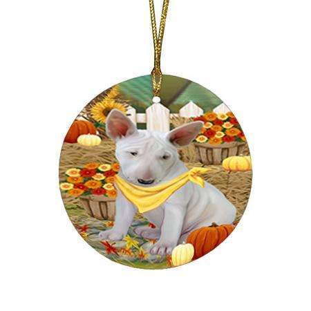 Fall Autumn Greeting Bull Terrier Dog with Pumpkins Round Flat Christmas Ornament RFPOR50685