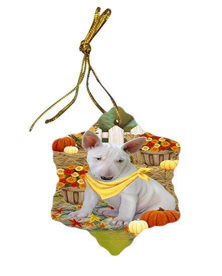 Fall Autumn Greeting Bull Terrier Dog with Pumpkins Star Porcelain Ornament SPOR50686