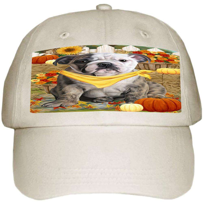 Fall Autumn Greeting Bulldog with Pumpkins Ball Hat Cap HAT55857