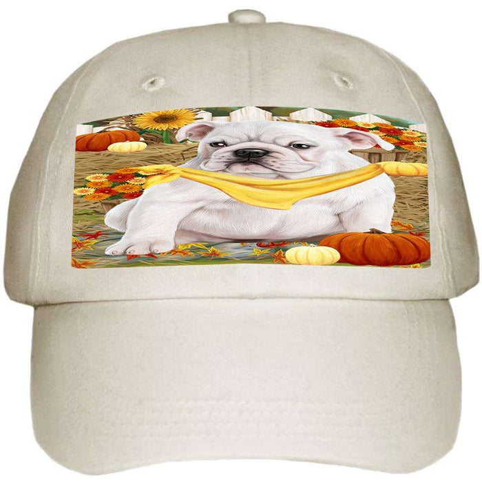 Fall Autumn Greeting Bulldog with Pumpkins Ball Hat Cap HAT55863