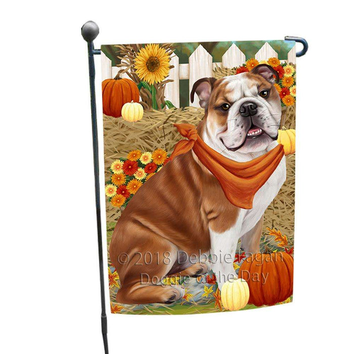 Fall Autumn Greeting Bulldog with Pumpkins Garden Flag GFLG0588