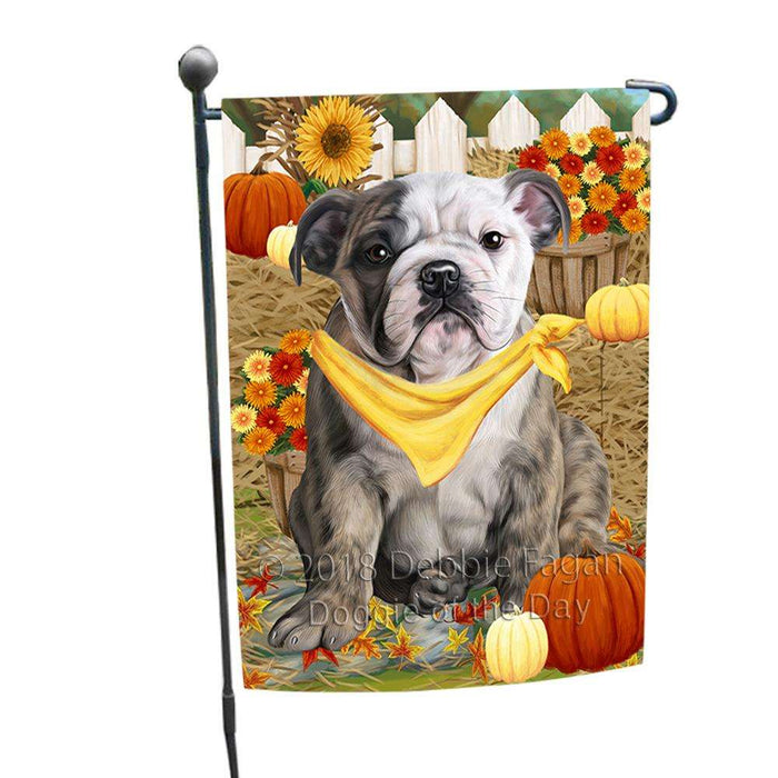 Fall Autumn Greeting Bulldog with Pumpkins Garden Flag GFLG0589