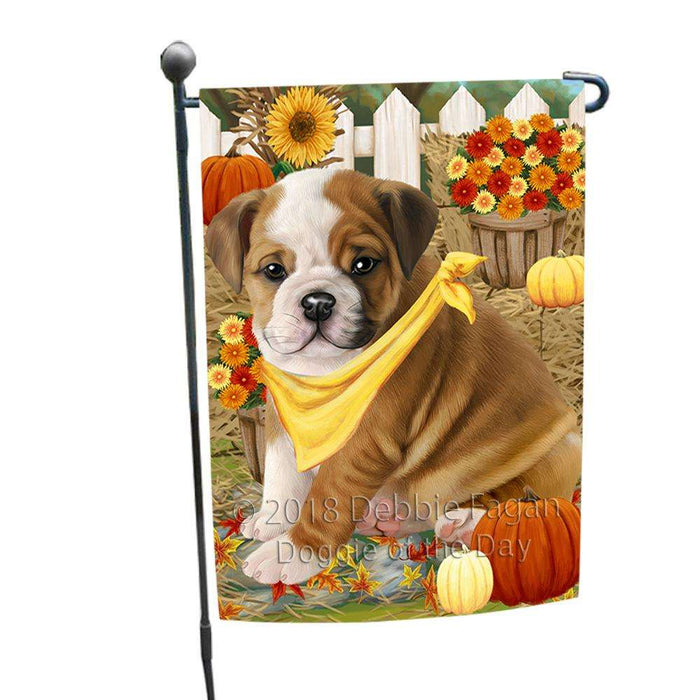 Fall Autumn Greeting Bulldog with Pumpkins Garden Flag GFLG0592