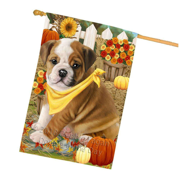 Fall Autumn Greeting Bulldog with Pumpkins House Flag FLG50728