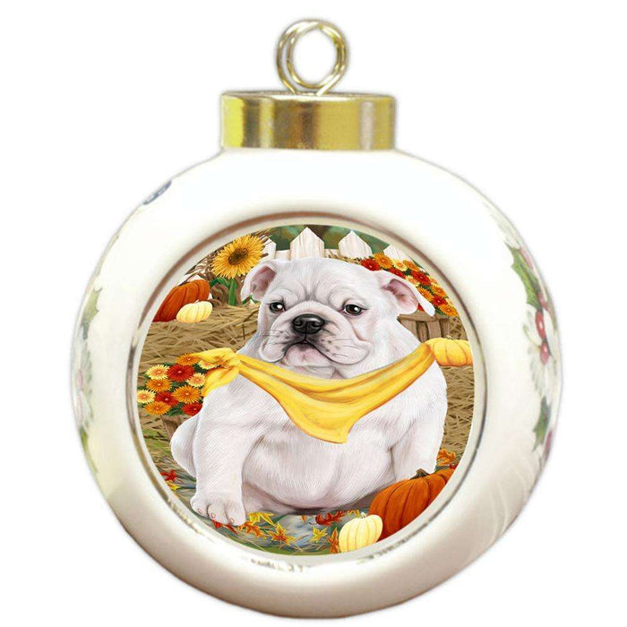 Fall Autumn Greeting Bulldog with Pumpkins Round Ball Christmas Ornament RBPOR50698