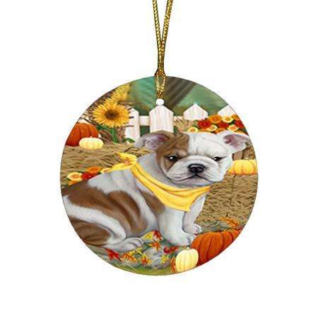 Fall Autumn Greeting Bulldog with Pumpkins Round Flat Christmas Ornament RFPOR50688