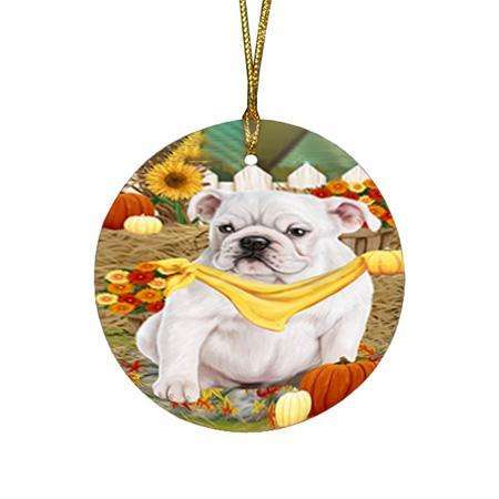 Fall Autumn Greeting Bulldog with Pumpkins Round Flat Christmas Ornament RFPOR50689