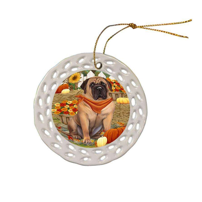 Fall Autumn Greeting Bullmastiff Dog with Pumpkins Ceramic Doily Ornament DPOR50700