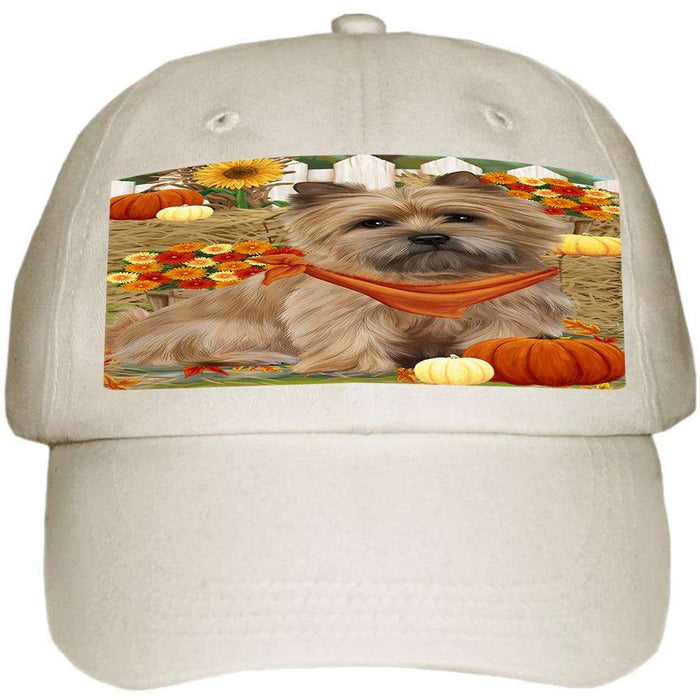 Fall Autumn Greeting Cairn Terrier Dog with Pumpkins Ball Hat Cap HAT55875